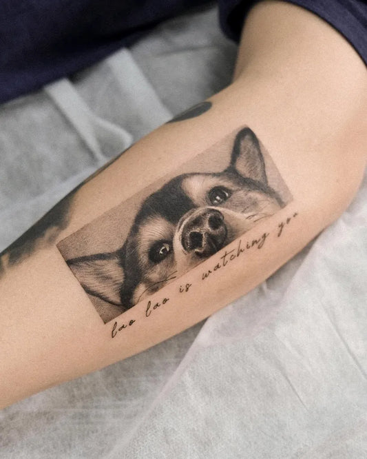 Medium Black and Grey Dog with Text Tattoo on Women Arm by @yumemonchi