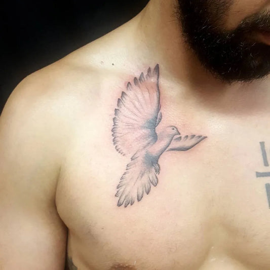 Medium Black and Grey Dove Tattoo on Men Neck by @sevtattoos