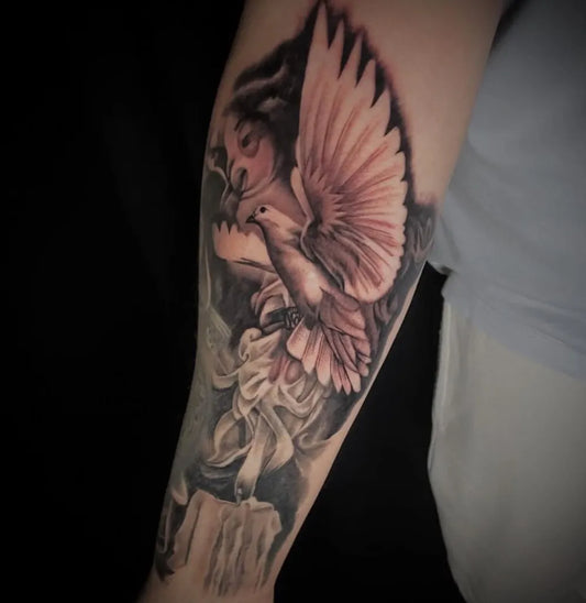 Medium Black and Grey Dove and Angel Tattoo on Men Arm by @realarttattoo