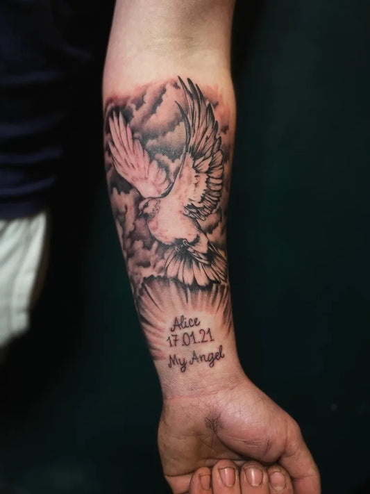Medium Black and Grey Dove with Clouds Tattoo on Men Arm by @artisaninkk