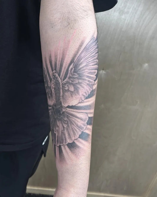 Medium Black and Grey Dove with Rays Tattoo on Men Arm by @ish_langi