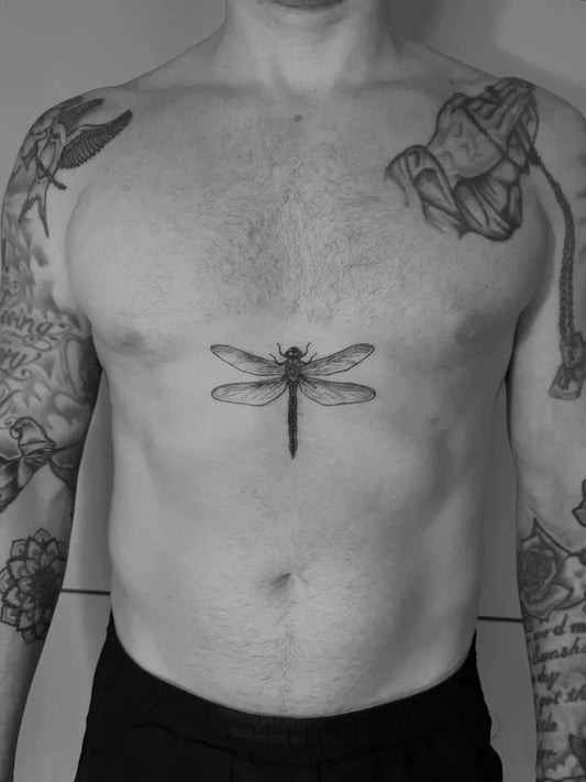 Medium Black and Grey Dragonfly on Men Chest Tattoo by @em.isabella_ink