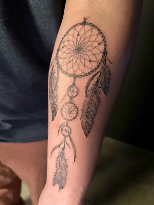 Medium Black and Grey Dream Catcher Feathers Tattoo on Men Arm by @myflytat
