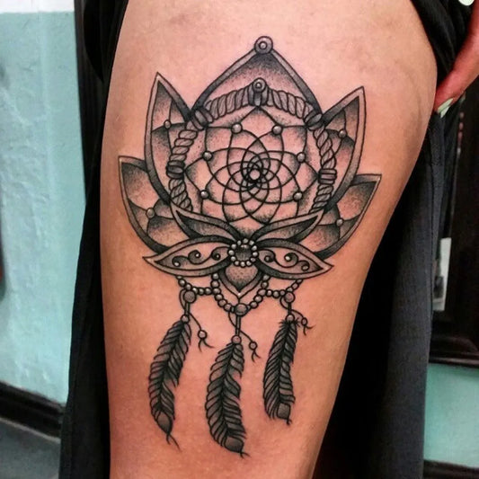 Medium Black and Grey Dream Catcher Lotus Tattoo on Women Thigh by @northsidetattooz