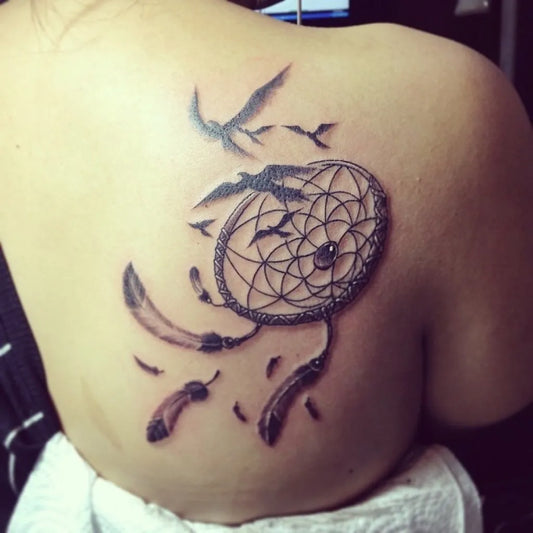 Medium Black and Grey Dream Catcher with Birds and Feathers Tattoo on Women Shoulder by @twintattoo