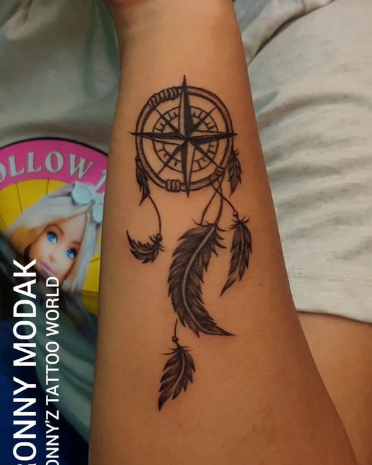 Medium Black and Grey Dream Catcher with Compass and Feathers Tattoo on Women Wrist by @ronnym0308