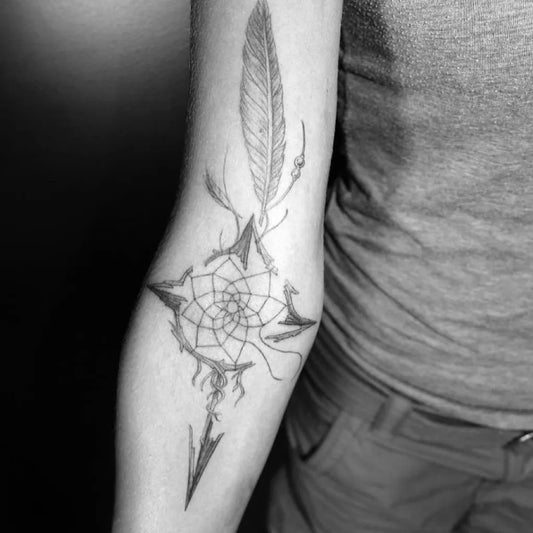 Medium Black and Grey Dream Catcher with Feathers and Arrows Tattoo on Women Arm by @lm6d