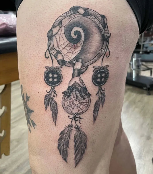 Medium Black and Grey Dream Catcher with Hand Tattoo on Women Thigh by @deathorglorysydney
