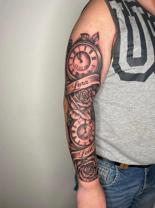 Medium Black and Grey Dual Clocks and Roses Family Tattoo on Men Arm by @diversity.tattoo_