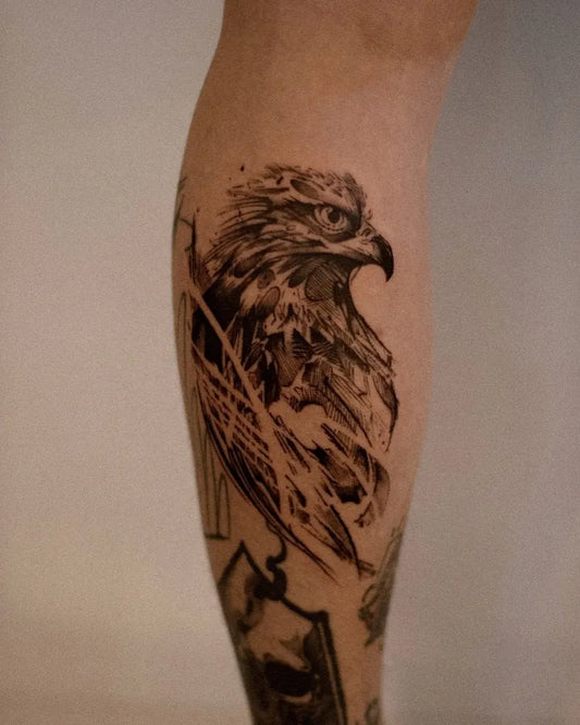 Medium Black and Grey Eagle Tattoo on Men Leg by @akdo.vlack