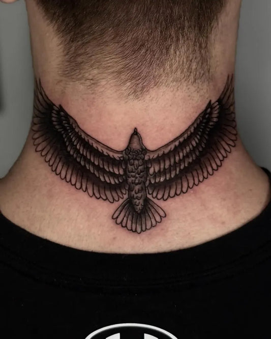 Medium Black and Grey Eagle Tattoo on Men Neck by @_dzoney_