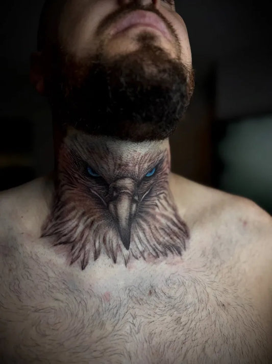 Medium Black and Grey Eagle Tattoo on Men Neck by @cat__tattoos