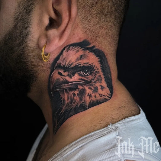 Medium Black and Grey Eagle Tattoo on Men Neck by @inkmetoronto