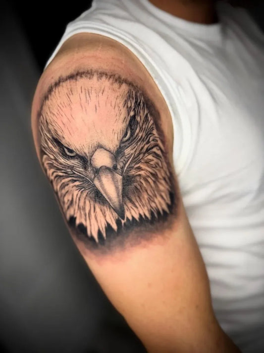 Medium Black and Grey Eagle Tattoo on Men Shoulder by @cat__tattoos