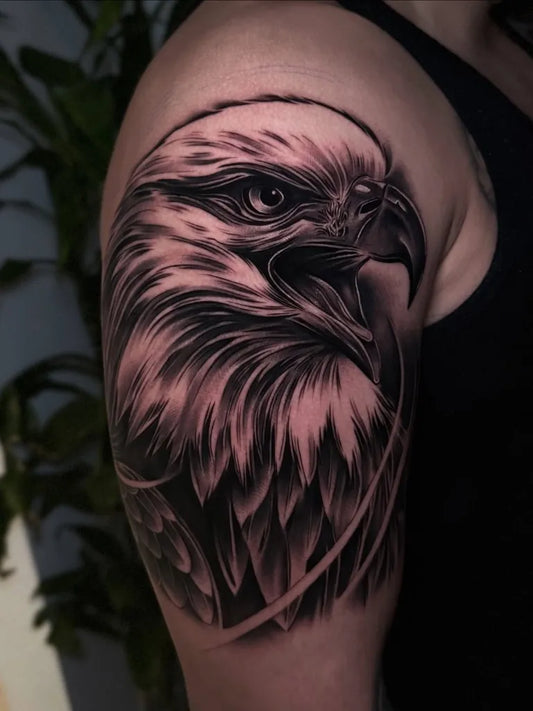 Medium Black and Grey Eagle Tattoo on Men Shoulder by @devonfrancistattoos