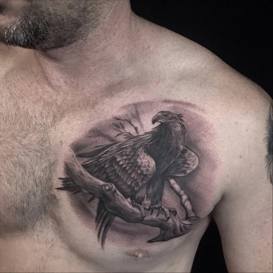 Medium Black and Grey Eagle with Branch Tattoo on Men Chest by @dc_flowplan