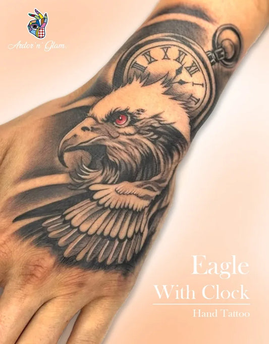 Medium Black and Grey Eagle with Clock Tattoo on Men Hand by @ardorn