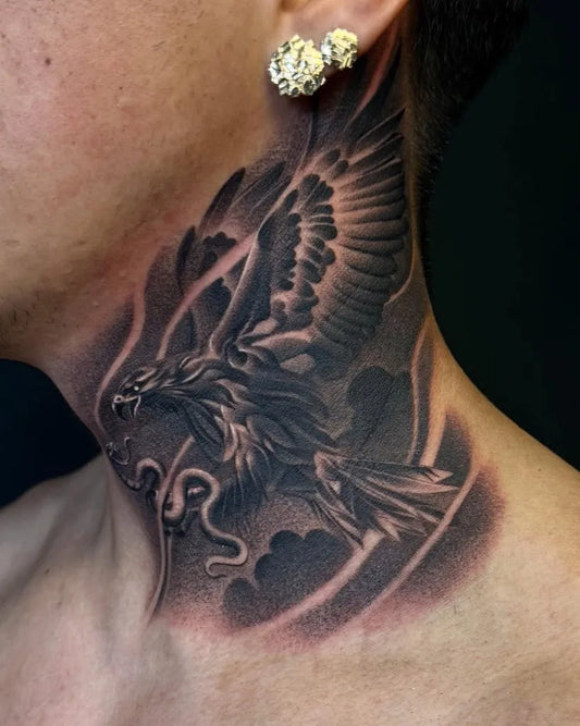 Medium Black and Grey Eagle with Snake Tattoo on Men Neck by @jgarcestattoo