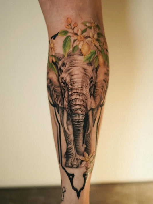 Medium Black and Grey Elephant and Orange Flowers Tattoo on Women Thigh by @tattoome.karin
