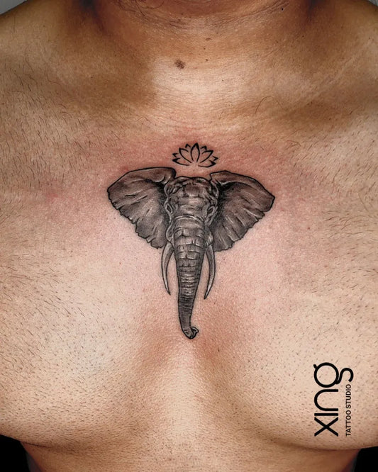 Medium Black and Grey Elephant with Lotus Men Chest by @xingtattoo_blr