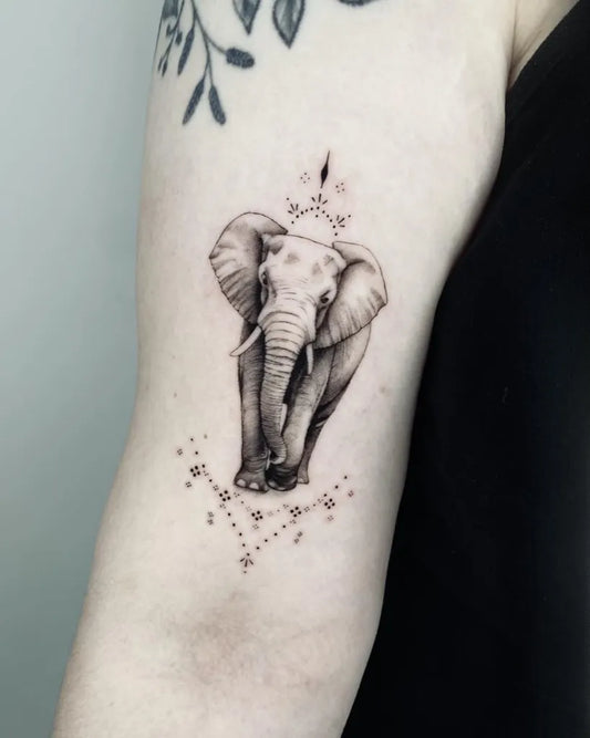 Medium Black and Grey Elephant with Mandala and Stars Tattoo on Women Arm by @lenkainkart