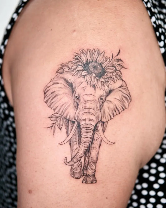 Medium Black and Grey Elephant with Sunflower Women Shoulder by @zoetattoo123