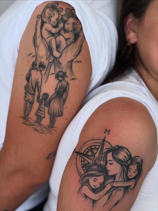 Medium Black and Grey Family Portrait Family Tattoo on Men Arm by @umit_sarac