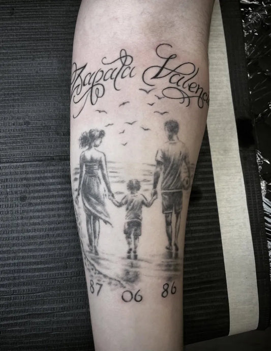 Medium Black and Grey Family Walking on Beach Men Arm by @metamorphosistattoostudio