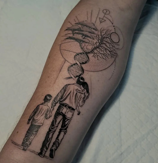 Medium Black and Grey Family Walking with Tree and DNA Tattoo on Men Arm by @ingoodhandstattoos