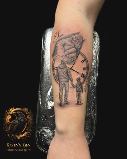 Medium Black and Grey Father Son and Clock Tattoo on Men Arm by @ravensden_tattoo