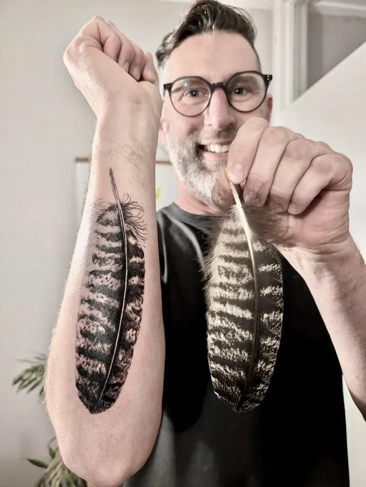 Medium Black and Grey Feather Tattoo on Men Arm by @guysvl