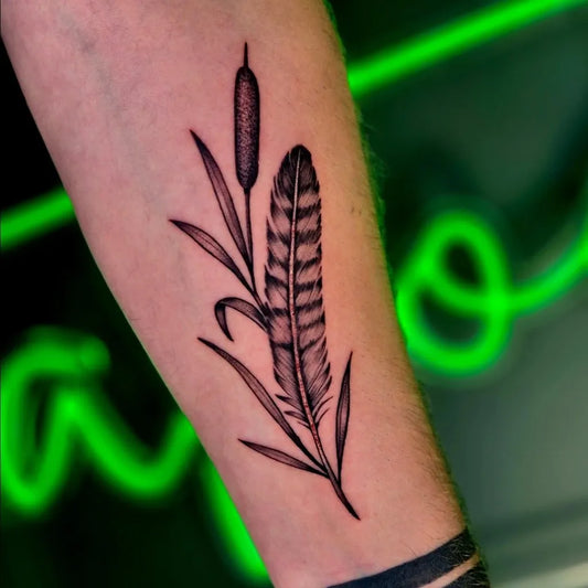 Medium Black and Grey Feather and Cattail Tattoo on Men Arm by @macs_tat2