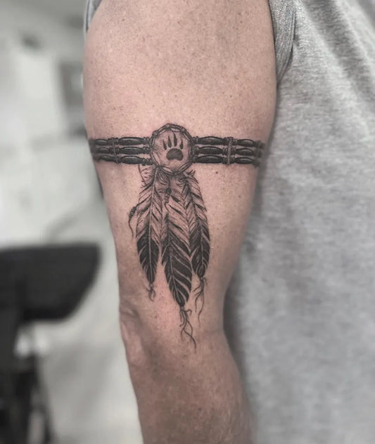 Medium Black and Grey Feather and Paw Print Tattoo on Men Arm by @amar.animeart