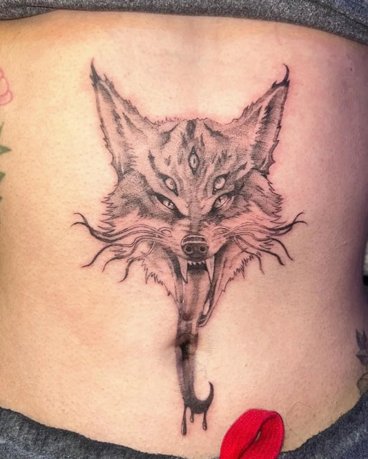 Medium Black and Grey Fierce Fox Tattoo on Women Stomach by @riquelme.tattooslv