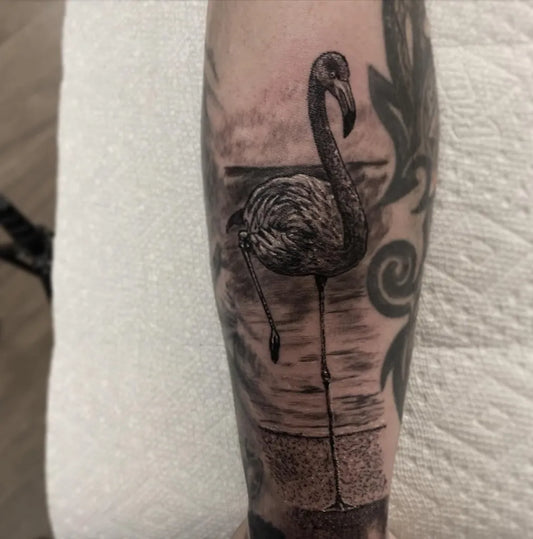 Medium Black and Grey Flamingo Tattoo on Men Leg by @thetylermorristattoo