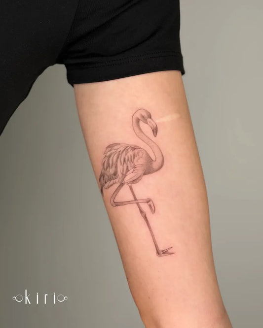 Medium Black and Grey Flamingo Tattoo on Women Arm by @kiri.vrs