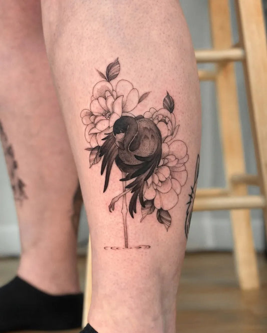 Medium Black and Grey Flamingo and Flowers Tattoo on Women Leg by @kristinevodon