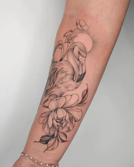 Medium Black and Grey Flamingo and Peony Tattoo on Women Arm by @karoldiastattooist