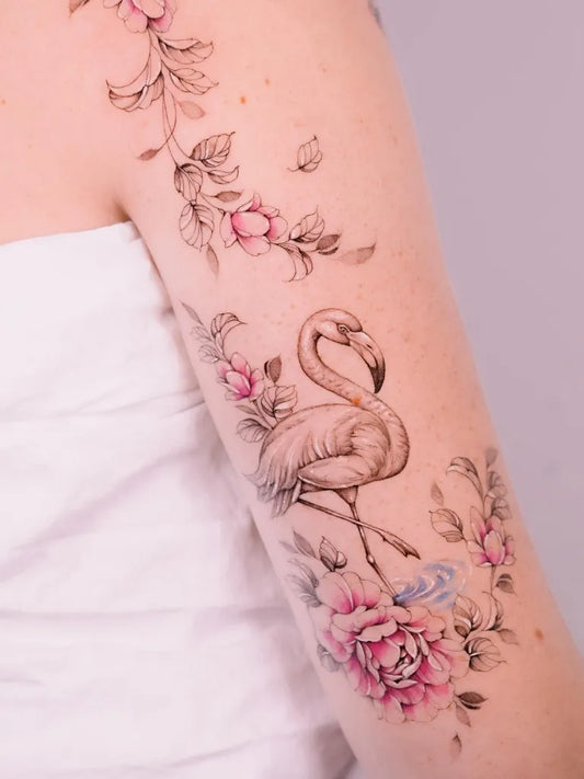 Medium Black and Grey Flamingo and Roses Tattoo on Women Arm by @marytattooer