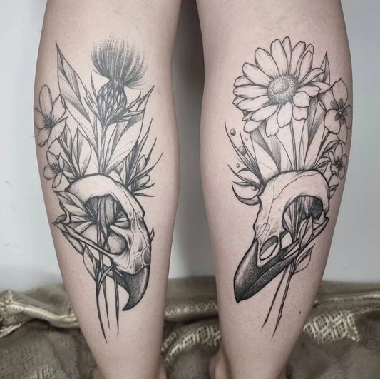 Medium Black and Grey Floral Skull Tattoo on Women Calf by @venenum.tattoo