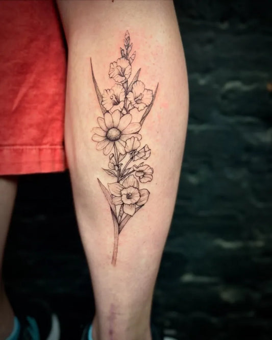 Medium Black and Grey Flower Stem Tattoo on Women Calf by @terry__downs