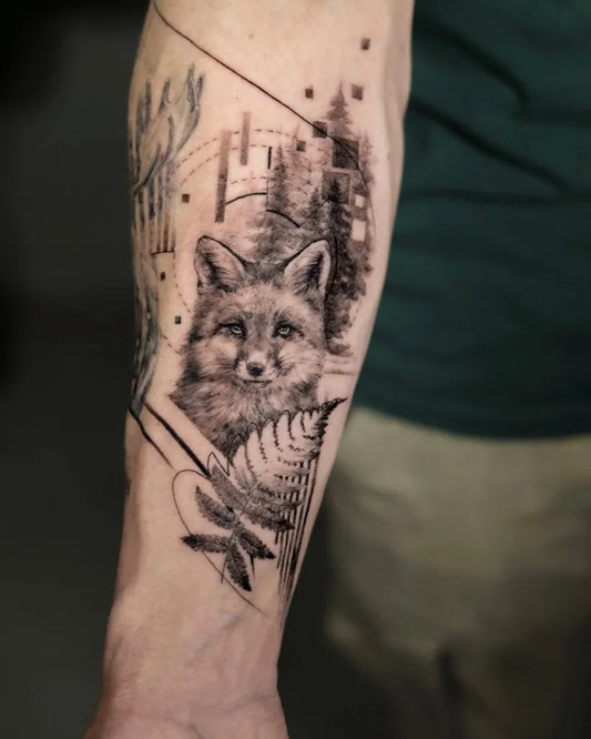 Medium Black and Grey Fox Forest Tattoo on Men Arm by @vero_creato