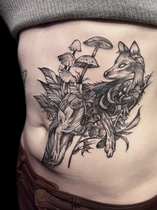 Medium Black and Grey Fox Mushrooms Tattoo on Women Groin by @avaadoretattoos