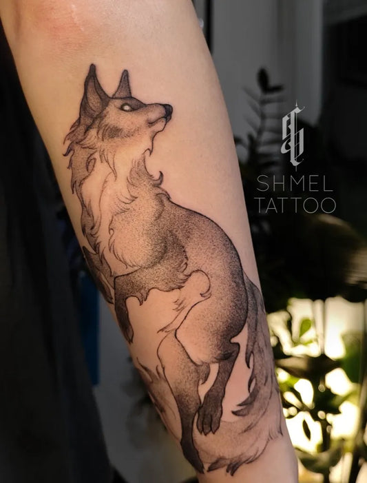 Medium Black and Grey Fox Tattoo on Women Arm by @alice_shmel_tattoo