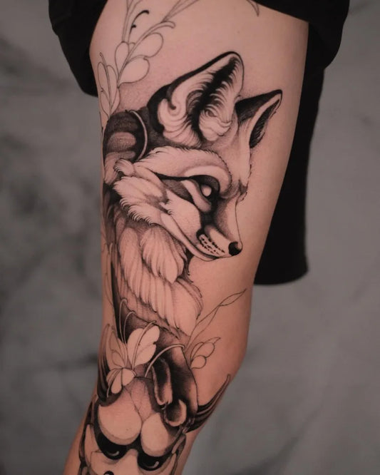 Medium Black and Grey Fox and Flowers Tattoo on Women Thigh by @a.r.x.n.e