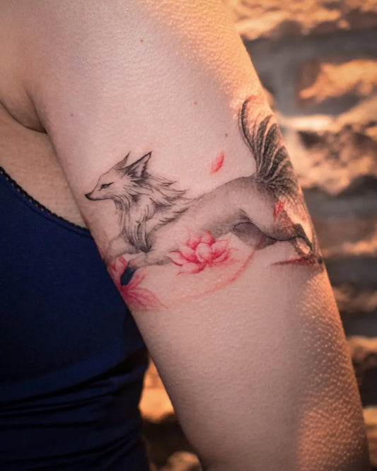 Medium Black and Grey Fox and Lotus Tattoo on Women Arm by @lillystattoo