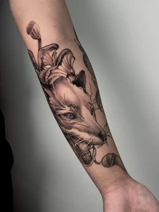 Medium Black and Grey Fox and Mushroom Tattoo on Men Arm by @brian_busta