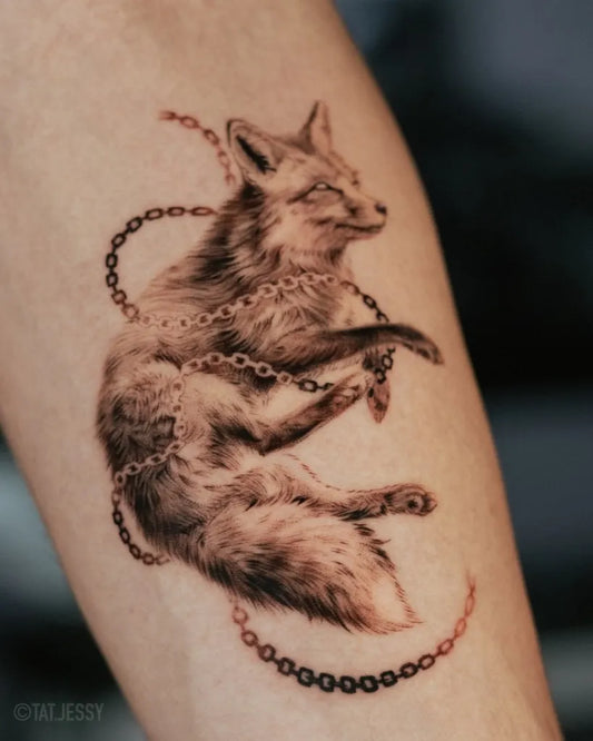 Medium Black and Grey Fox with Chains Tattoo on Women Arm by @tat.jessy