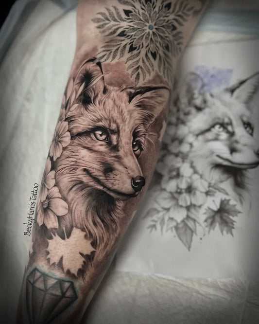 Medium Black and Grey Fox with Flowers and Mandala Tattoo on Women Arm by @beckyharristattoo