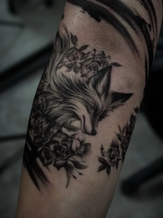 Medium Black and Grey Fox with Roses Tattoo on Men Arm by @artist___han